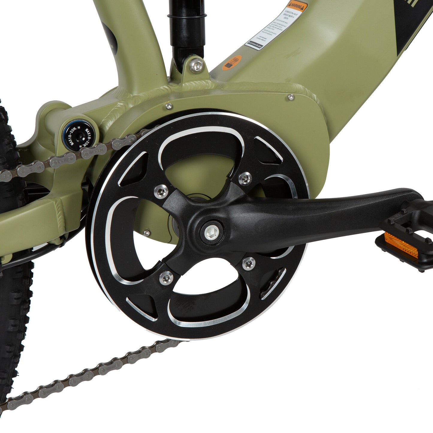 Eunorau Defender electric fat tire bike close-up of crankset, chain, and gear mechanism.