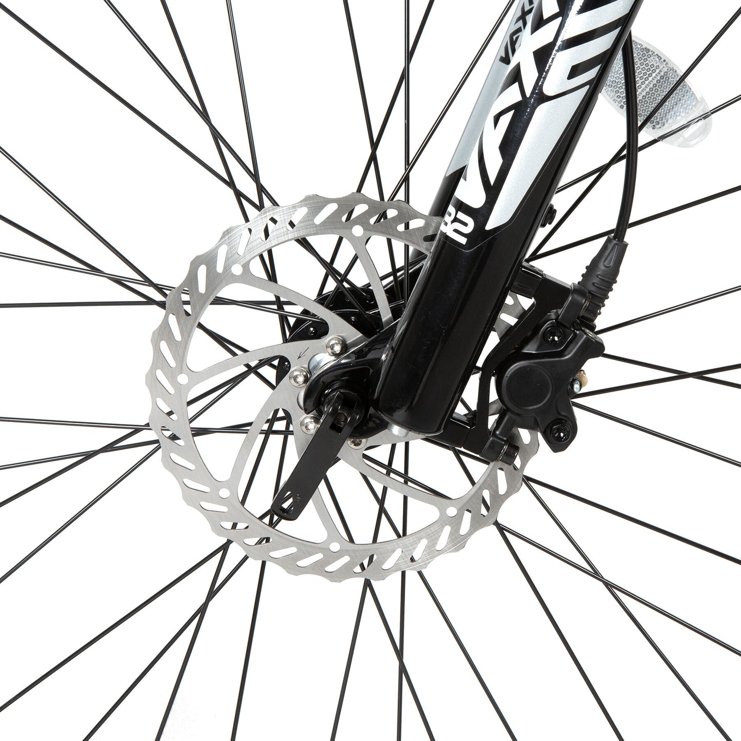 Eunorau Defender electric fat tire bike front wheel with disc brake and spokes.