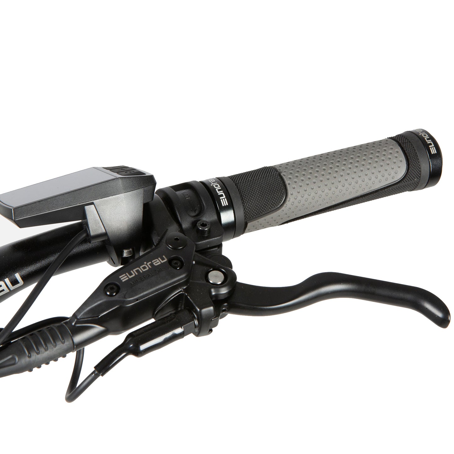 Eunorau Defender electric fat tire bike handlebar with display, grip, and brake lever.