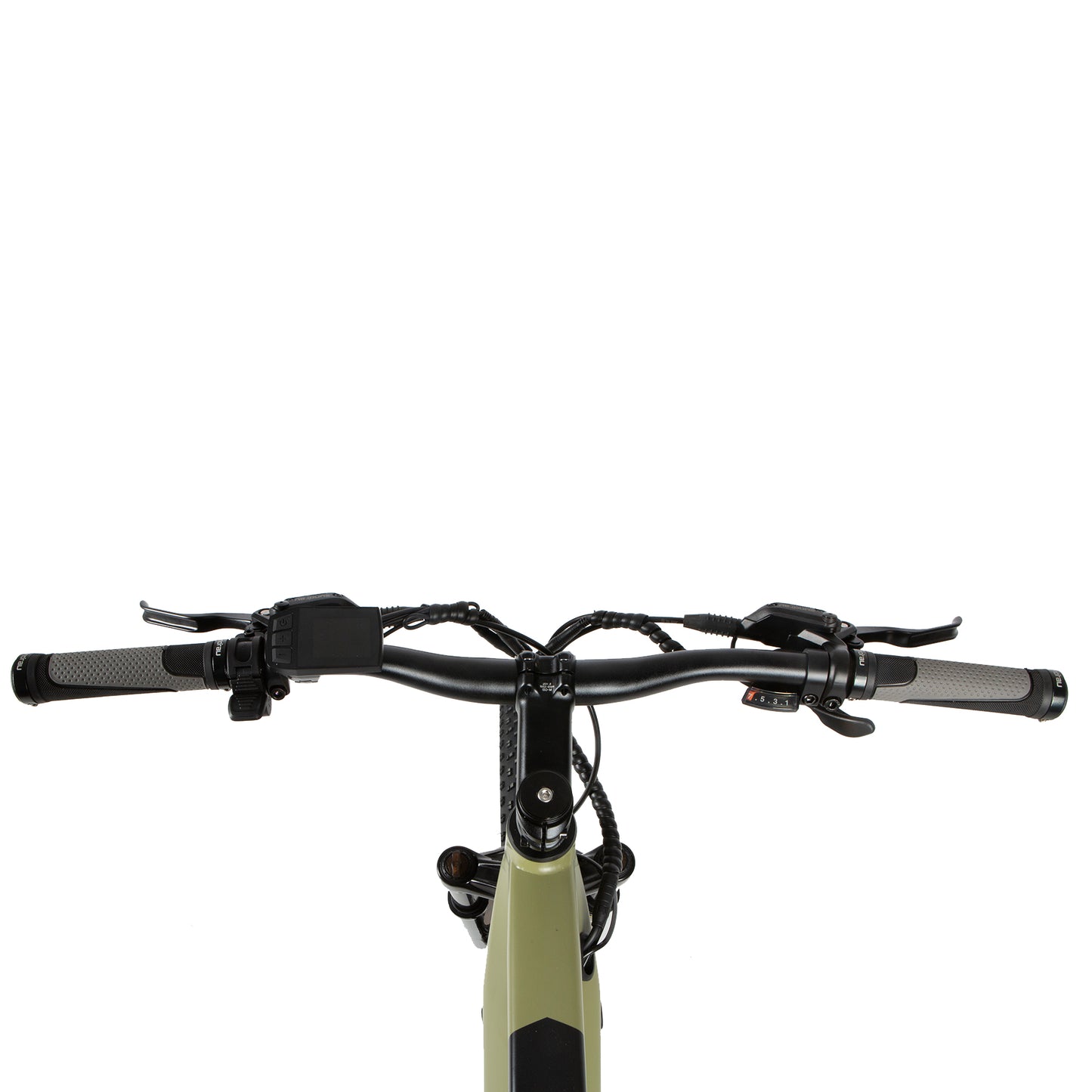 Eunorau Defender electric fat tire bike front view of handlebars with display, grips, and brake levers.