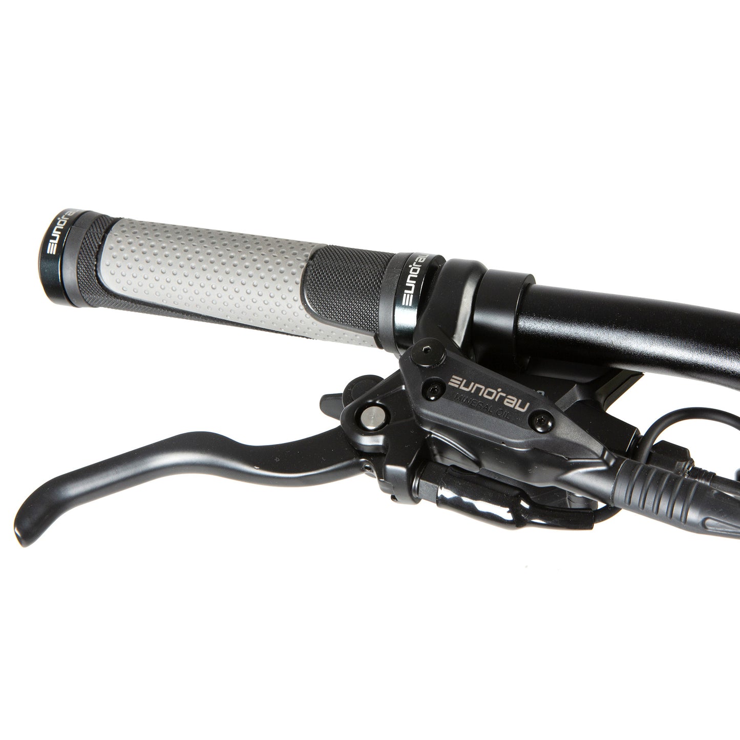 Eunorau Defender electric fat tire bike close-up of handlebar grips and brake levers.