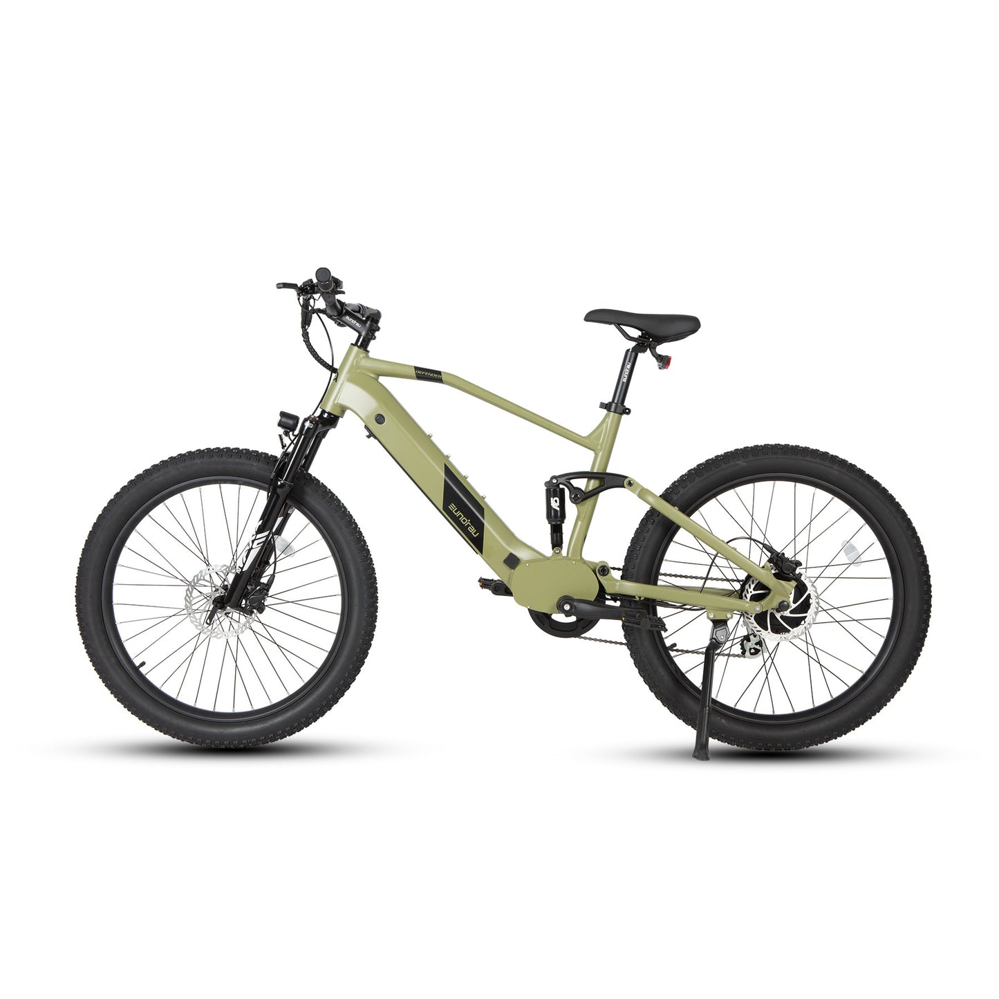 Eunorau Defender electric fat tire bike side profile view in cream color with fat tires and front suspension.