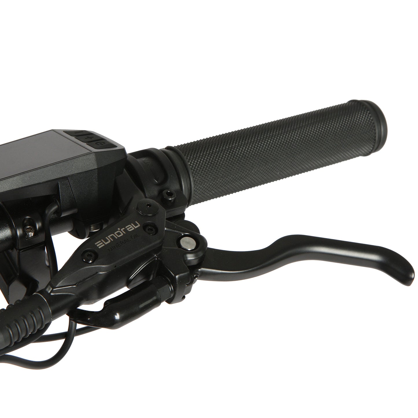Eunorau FAT AWD 2.0 electric bike, close-up of right handlebar with brake lever, grip, and control display.