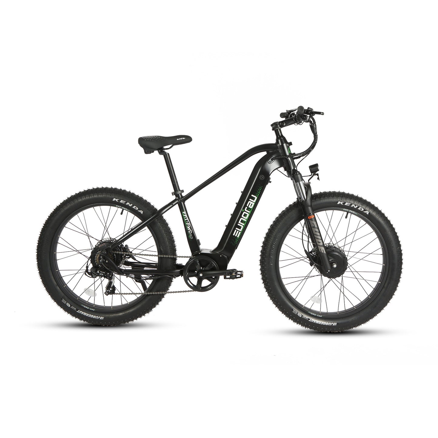 Eunorau FAT AWD 2.0 electric bike, left side view showing wide tires, front fork, and frame details.