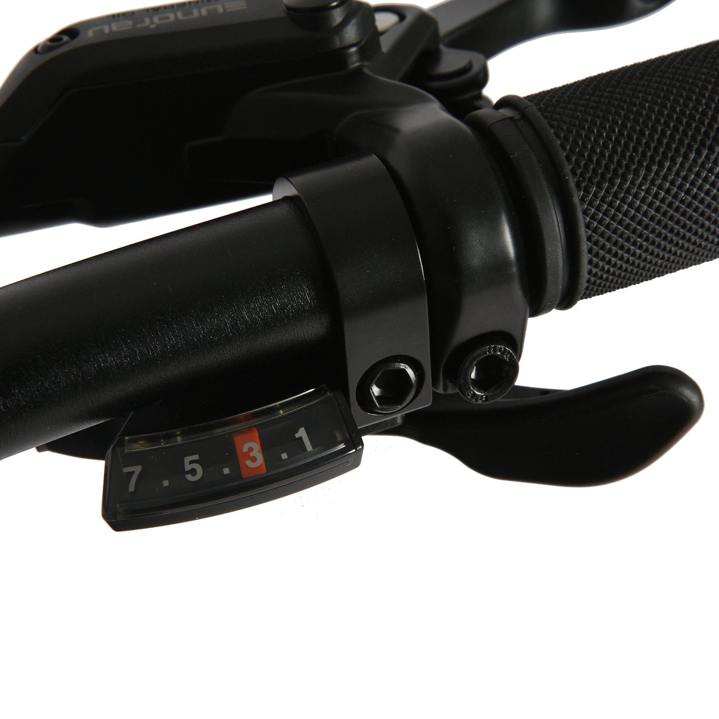 Eunorau FAT AWD 2.0 handlebar shifter showing gear indicator and shift lever on a black handlebar.