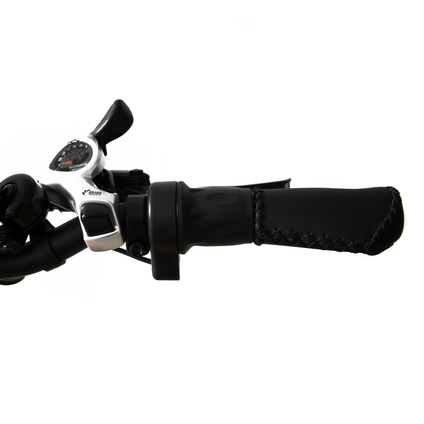 Close-up of Eunorau G30 Cargo electric bikes throttle, brake lever, gear shifter on a white background