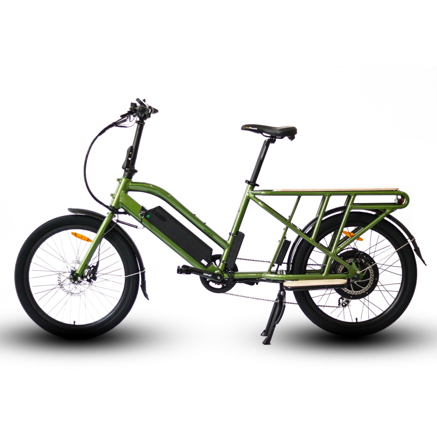 Alternate Side view of a Eunorau Max-Cargo 14AH green electric bike on a white background