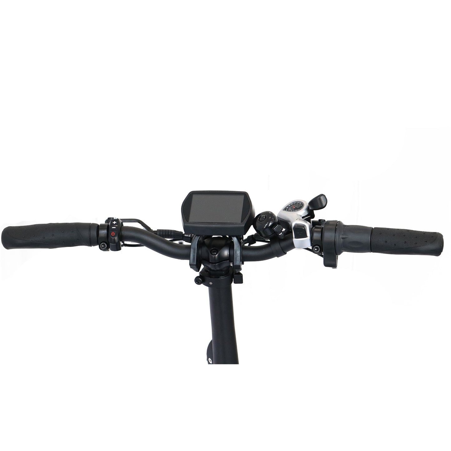 Close up of Eunorau Max-Cargo 14AH electric bike handlebars with gear shifters, bell, display, throttle, brake levers on a white background