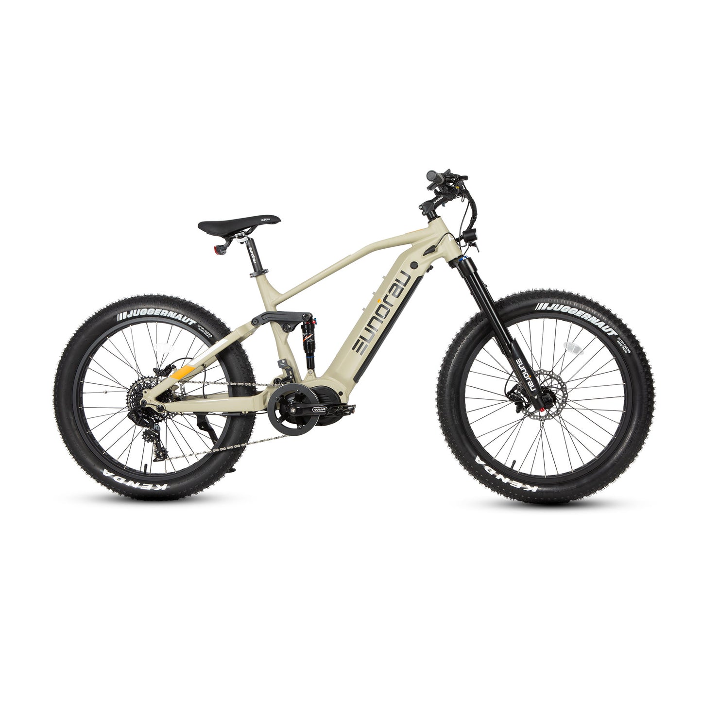 EUNORAU Specter-S 3.0 electric fat tire e-bike side view in safari color, highlighting the fat tires and durable frame.