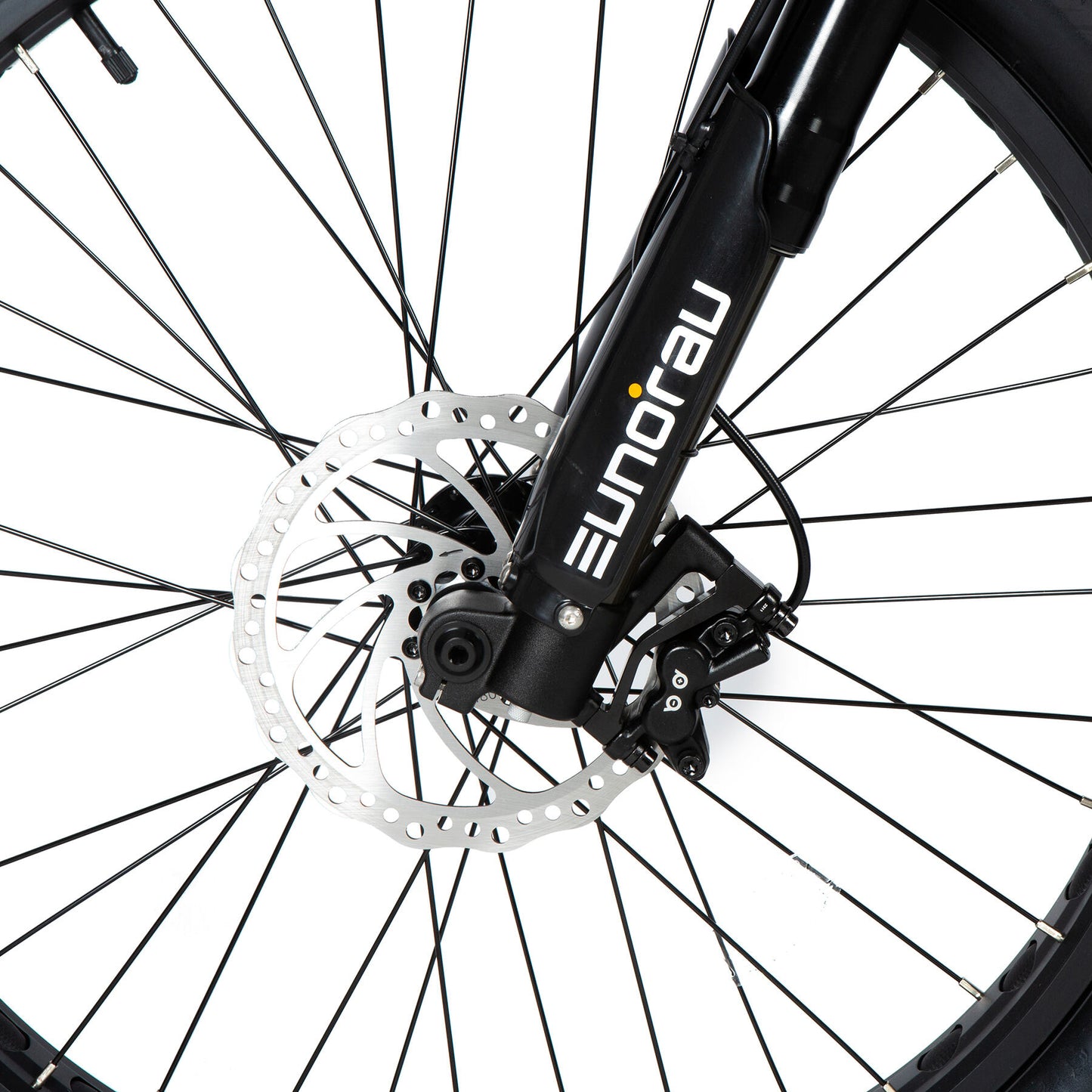 EUNORAU Specter-S 3.0 electric bike front fork with disc brake and suspension system close-up.