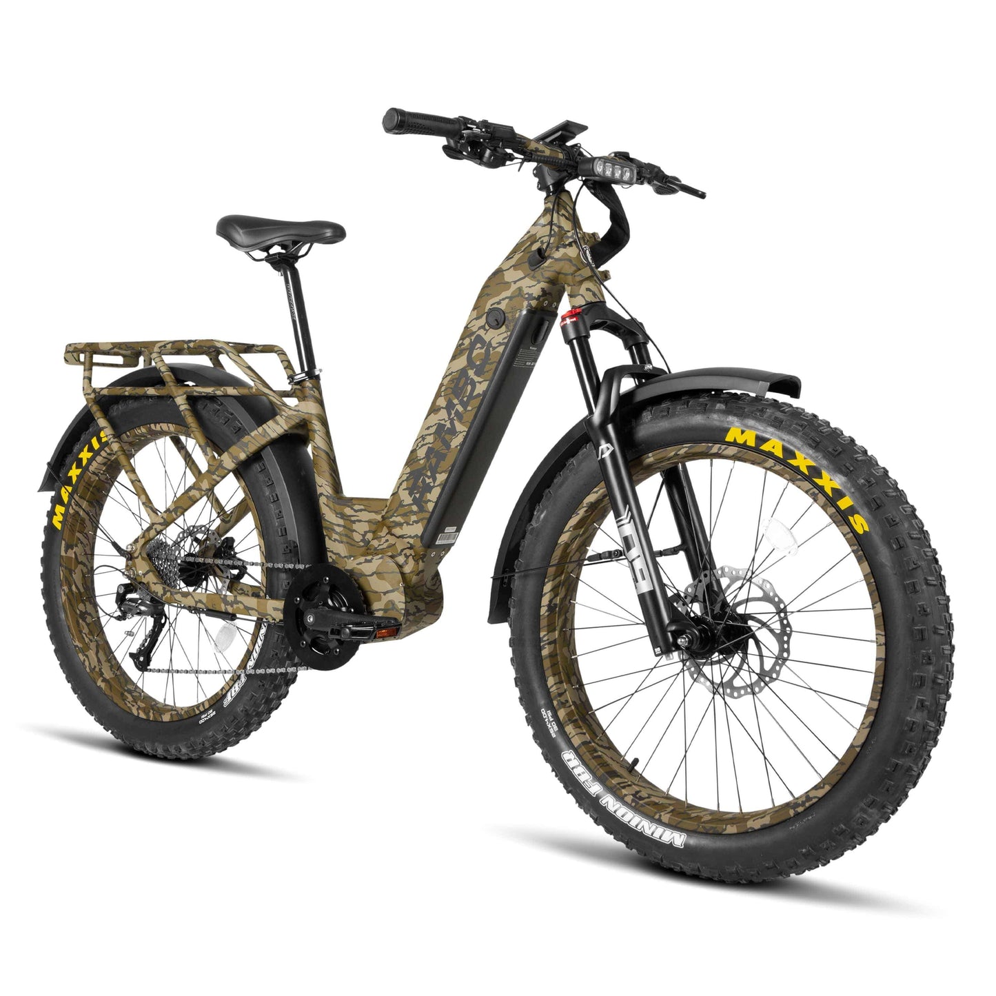 Front side view of a Rambo Bikes REBEL 2.0 Bottomland Camo Electric Bike on white background