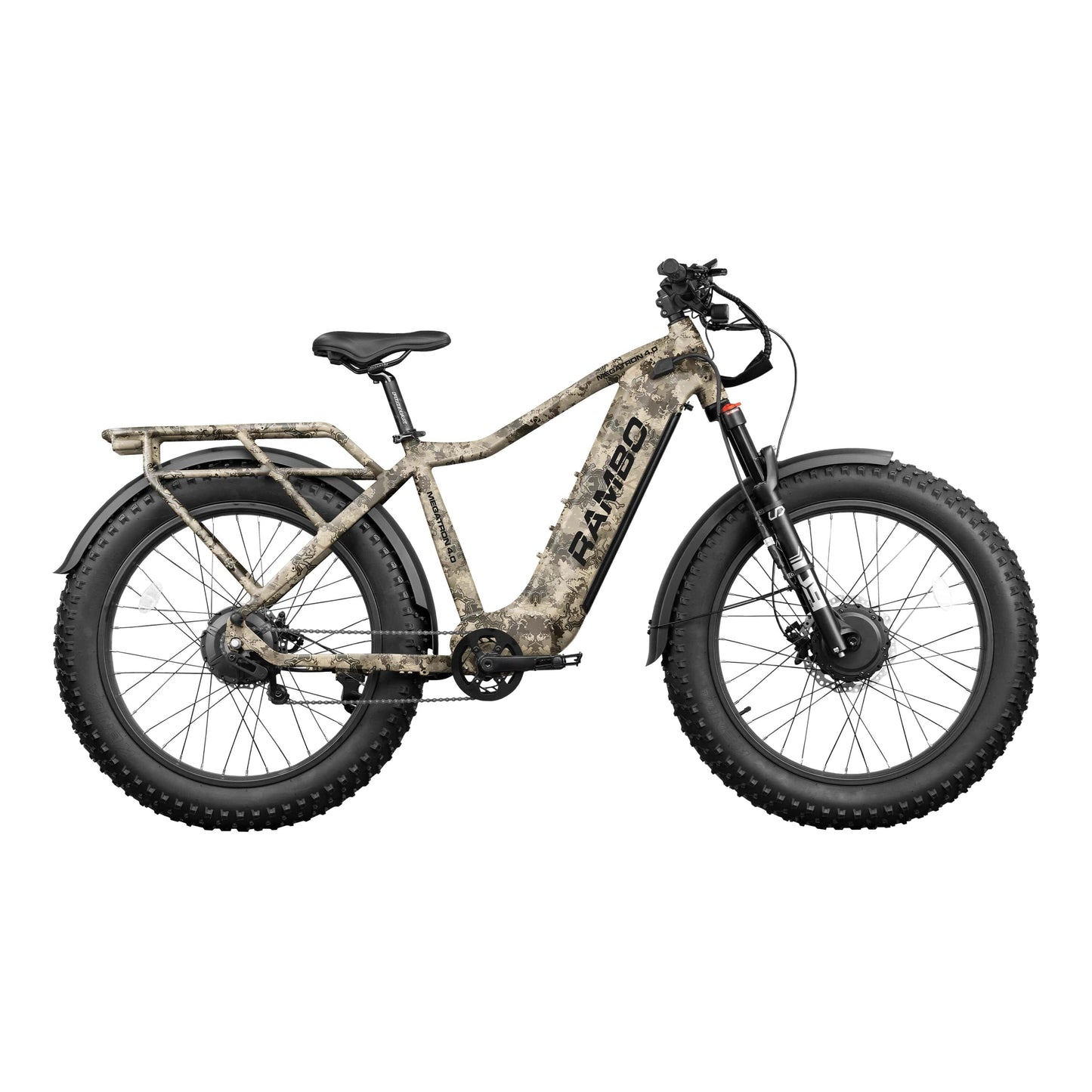 Side view of a Rambo Bike Megatron 4.0 AWD Electric bike on a white background