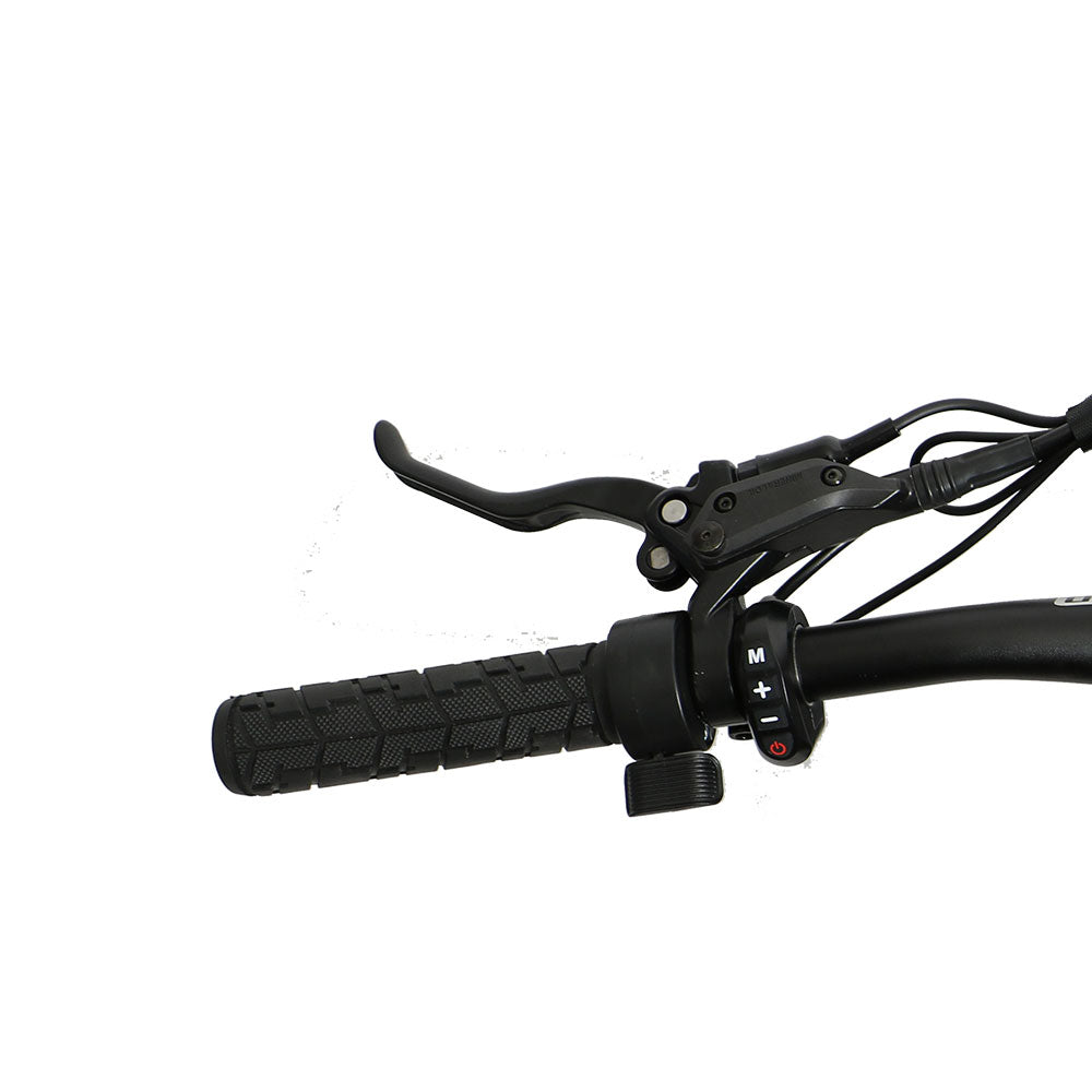Eunorau Fat-HS electric fat tire bike close-up of the throttle and control on the handlebar grip.
