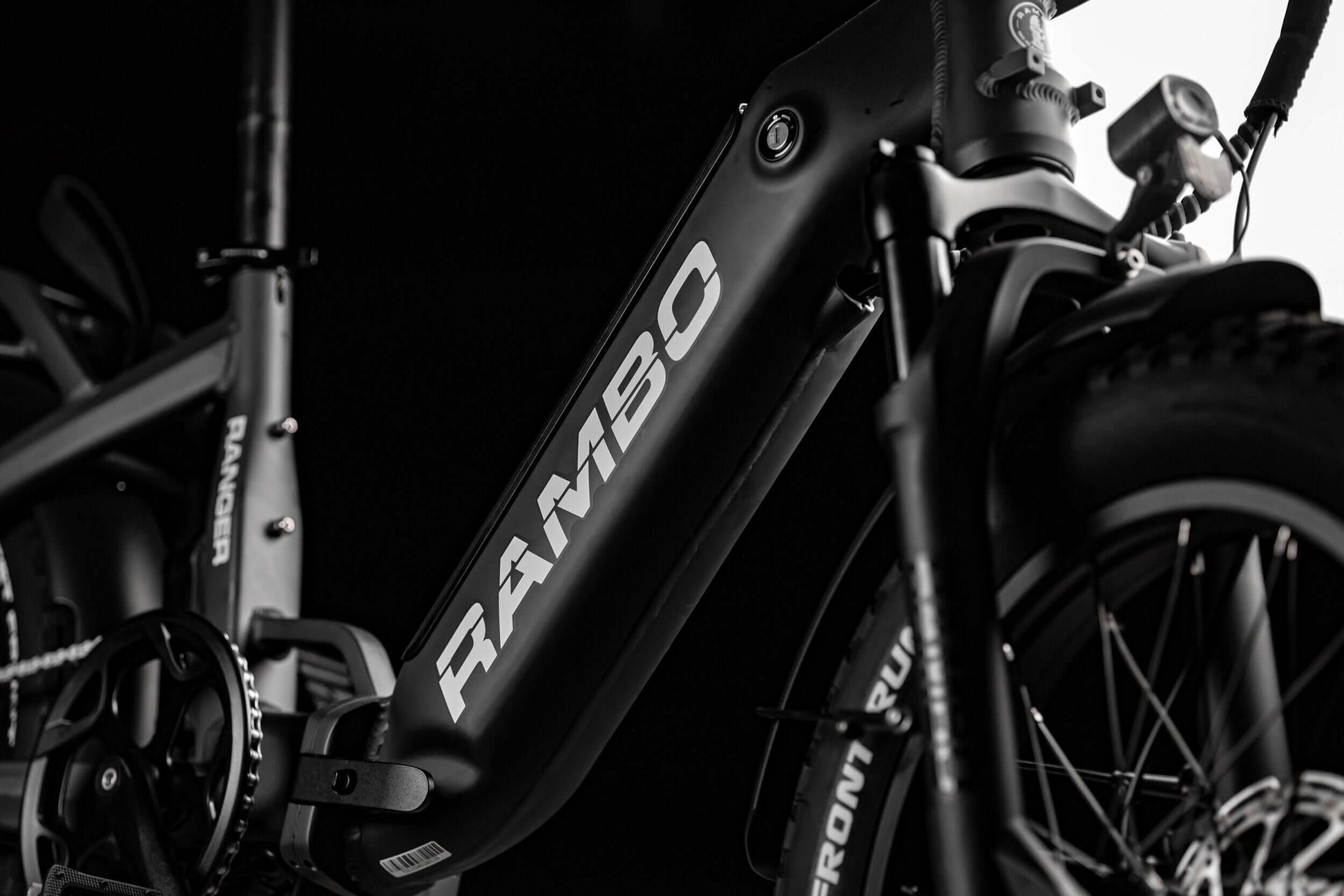 Close-up of the Rambo Bikes RANGER folding eBike showcasing its sleek design and branding.