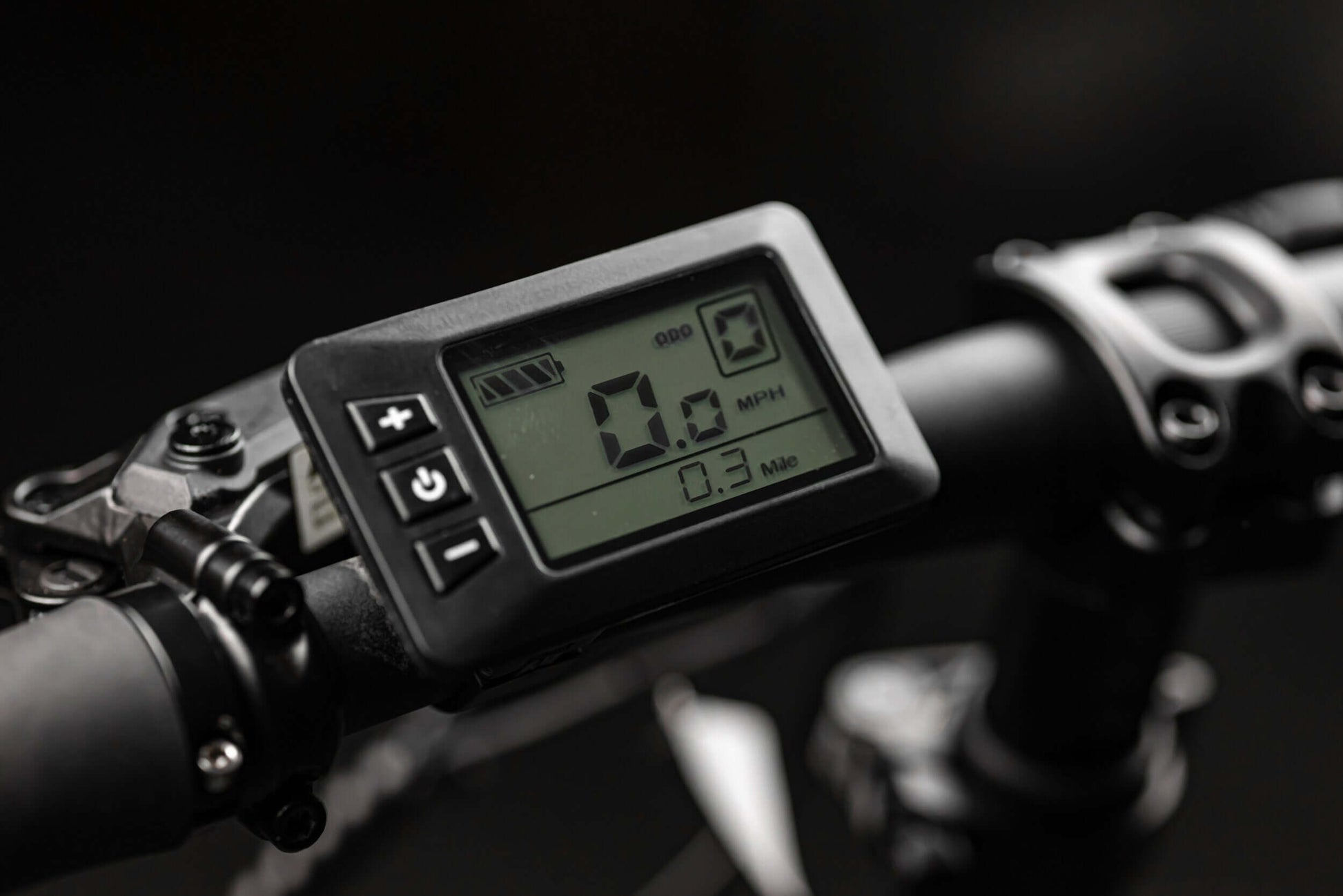 Digital display on Rambo Bikes RANGER Folding eBike showing speed and distance metrics.