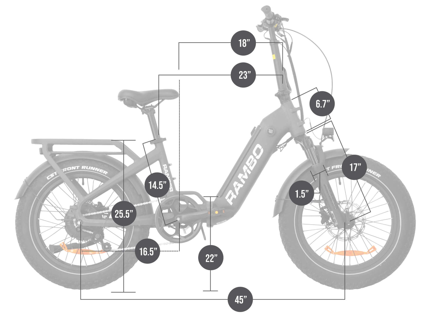 Rambo Bikes RANGER Folding eBike dimensions and measurements diagram, showcasing key features and sizes.