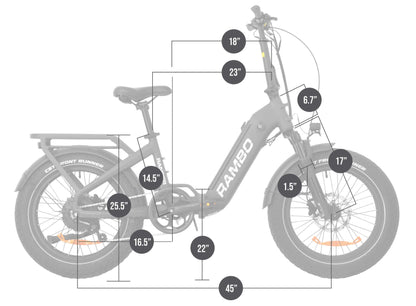 Rambo Bikes RANGER Folding eBike dimensions and measurements diagram, showcasing key features and sizes.