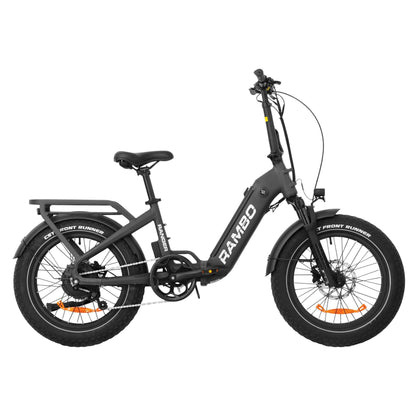 Rambo Bikes RANGER Folding eBike featuring fat tires and a compact design for versatile riding.