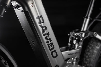Close up of a Rambo Bike Hellcat 2.0 AWD Electric Bike frame and logo
