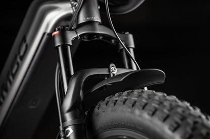 Close-up of Rambo Bike Hellcat 2.0 AWD Electric Bikes front suspension fork on a black background