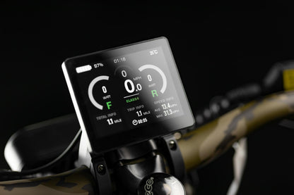 Close-up of Rambo Bikes Krusader 3.0 All-wheel drive Electric Bikes LCD screen on black background