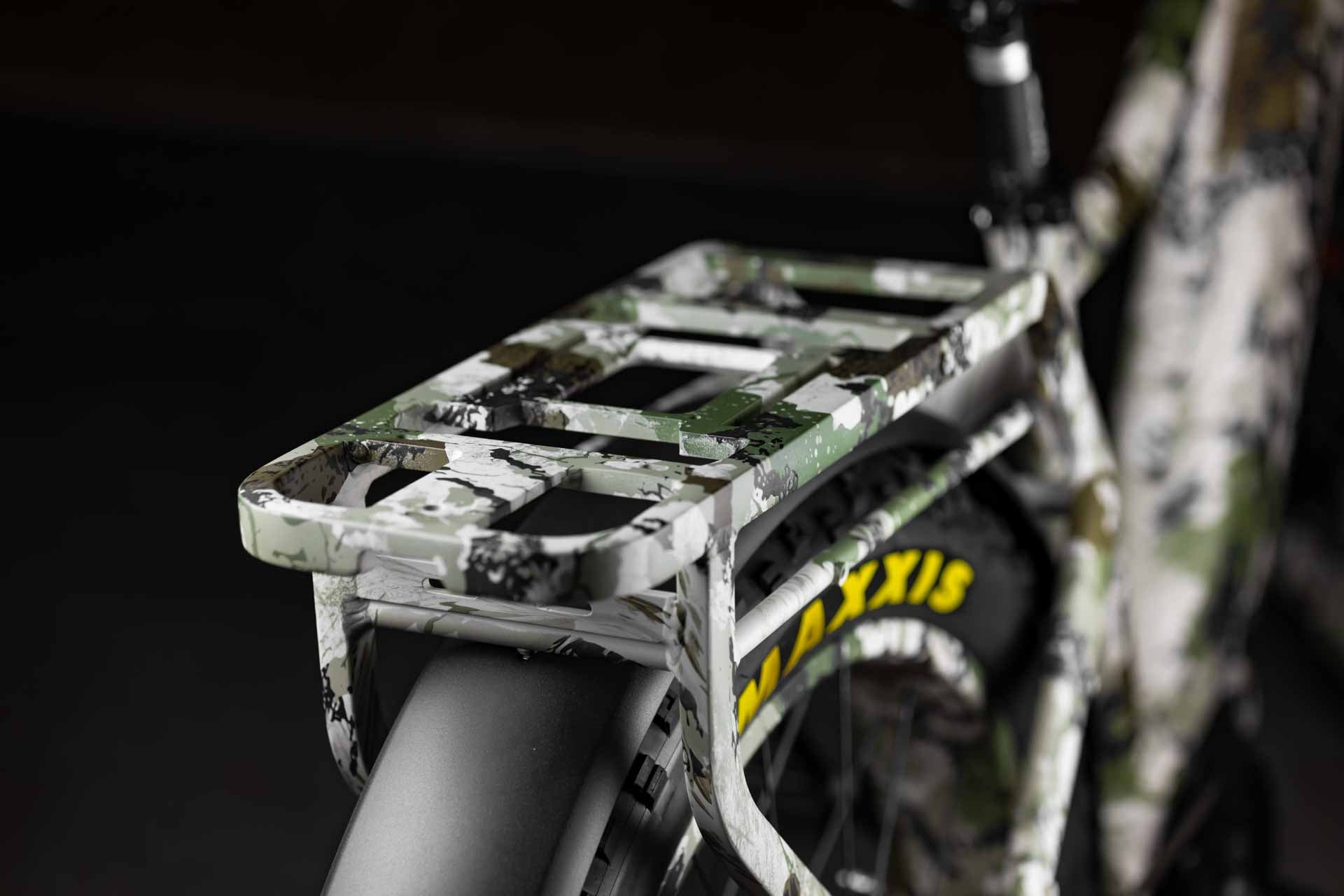 Close-up of Rambo Bikes Venom 2.0 Electric Bikes rear rack on a black background