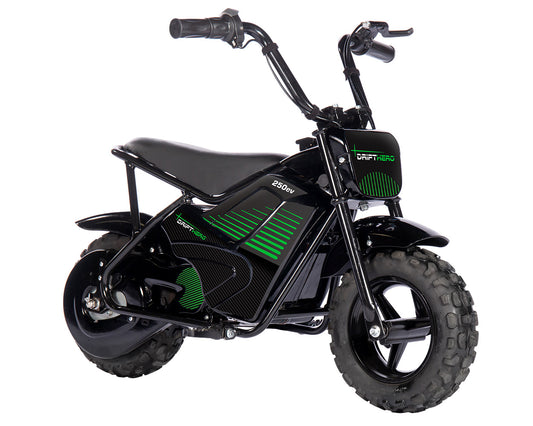 Front side view of a Drift Hero USA 250W Mini Electric Bike on a white background 