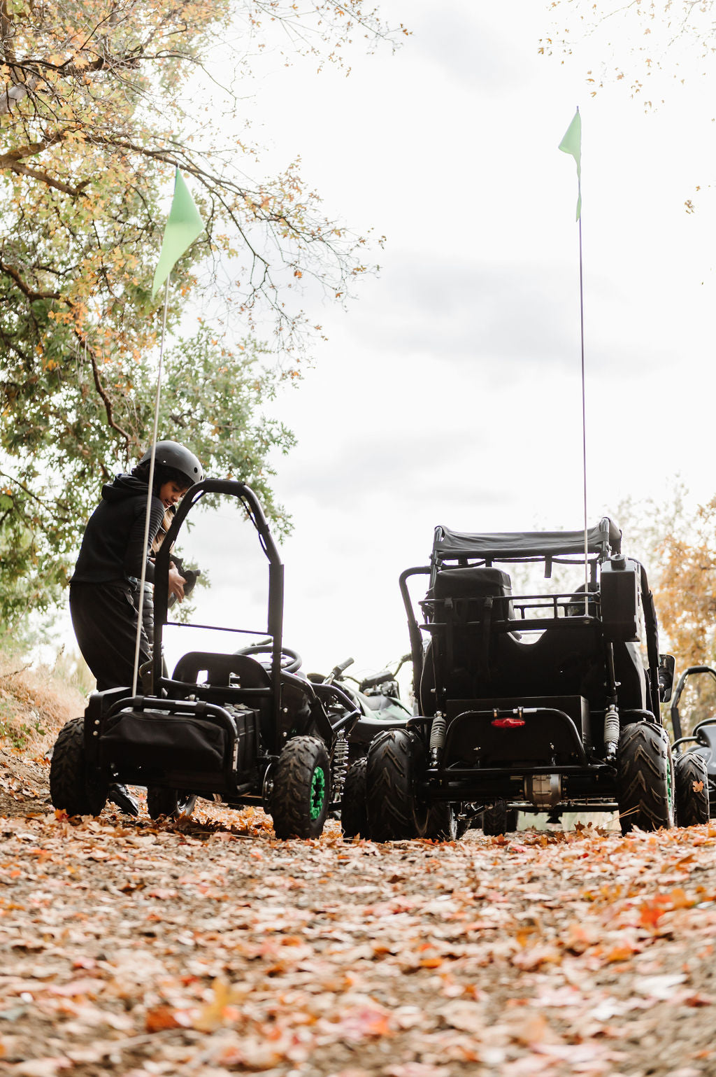 Person interacting with Drift Hero USA 2 Seater Electric Go-kart in a forest setting