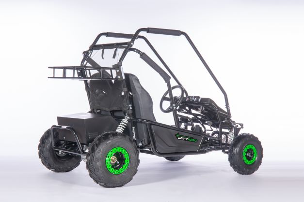 Drift Hero USA 2 Seater Electric Go-kart on a white background, rear side view
