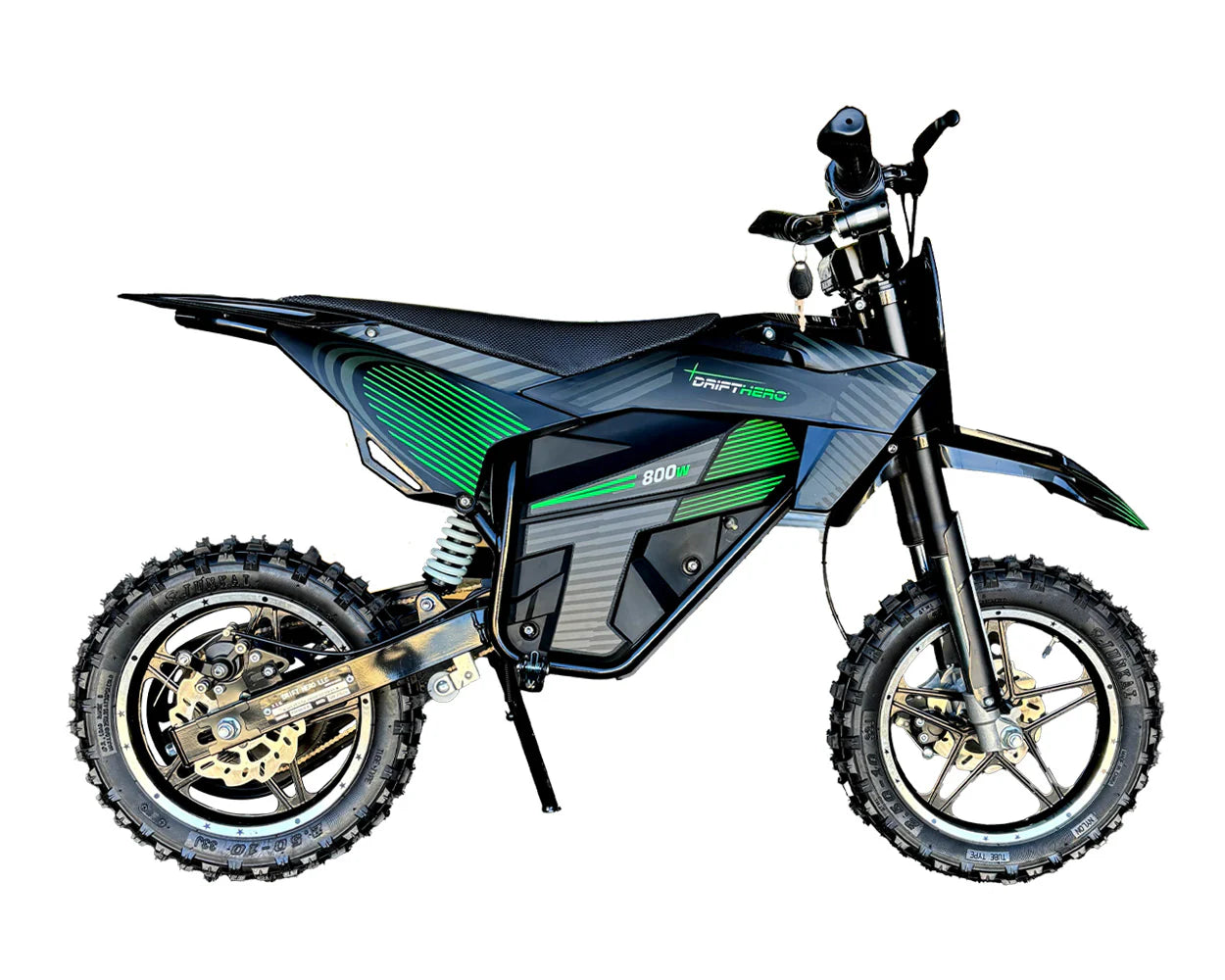 Side view of a Drift Hero USA 800W Electric dirt bike on a white background