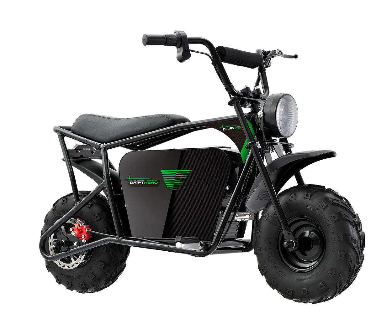 Side view of a Drift Hero USA 1000W Mini Bike on white background