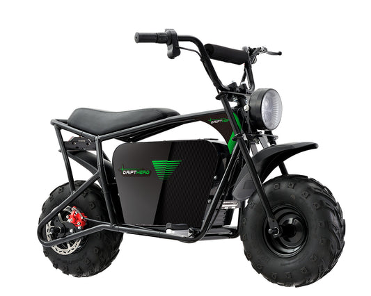 Side view of a Drift Hero USA 1000W Mini Bike on white background