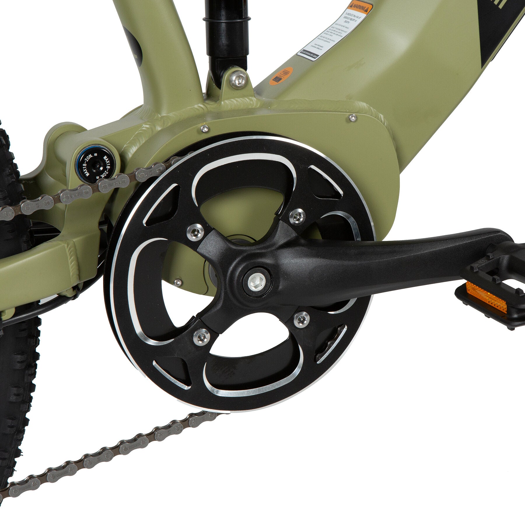 Eunorau Defender electric fat tire bike close-up of crankset, chain, and gear mechanism.
