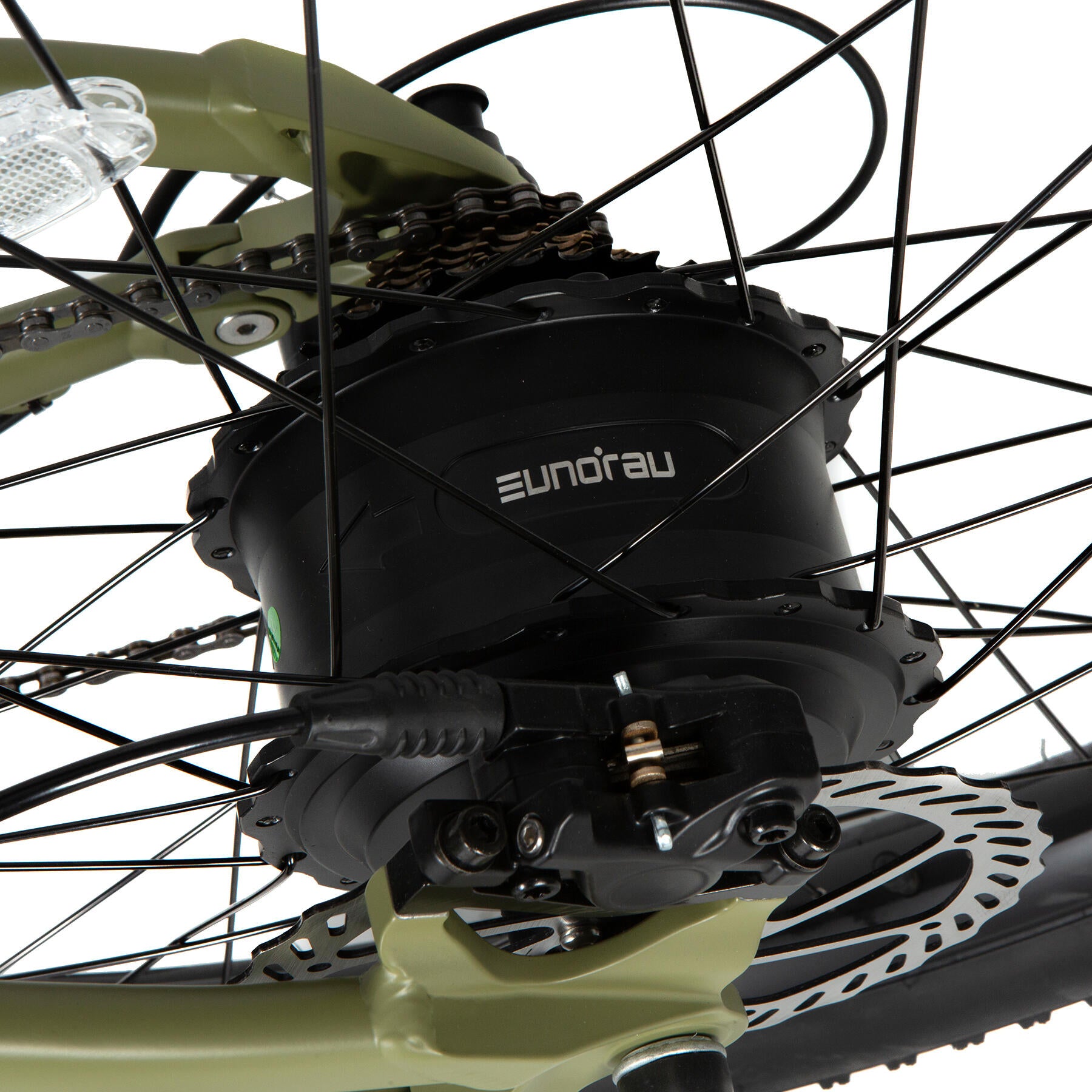 Eunorau Defender electric fat tire bike close-up of crankset with chain and pedals.
