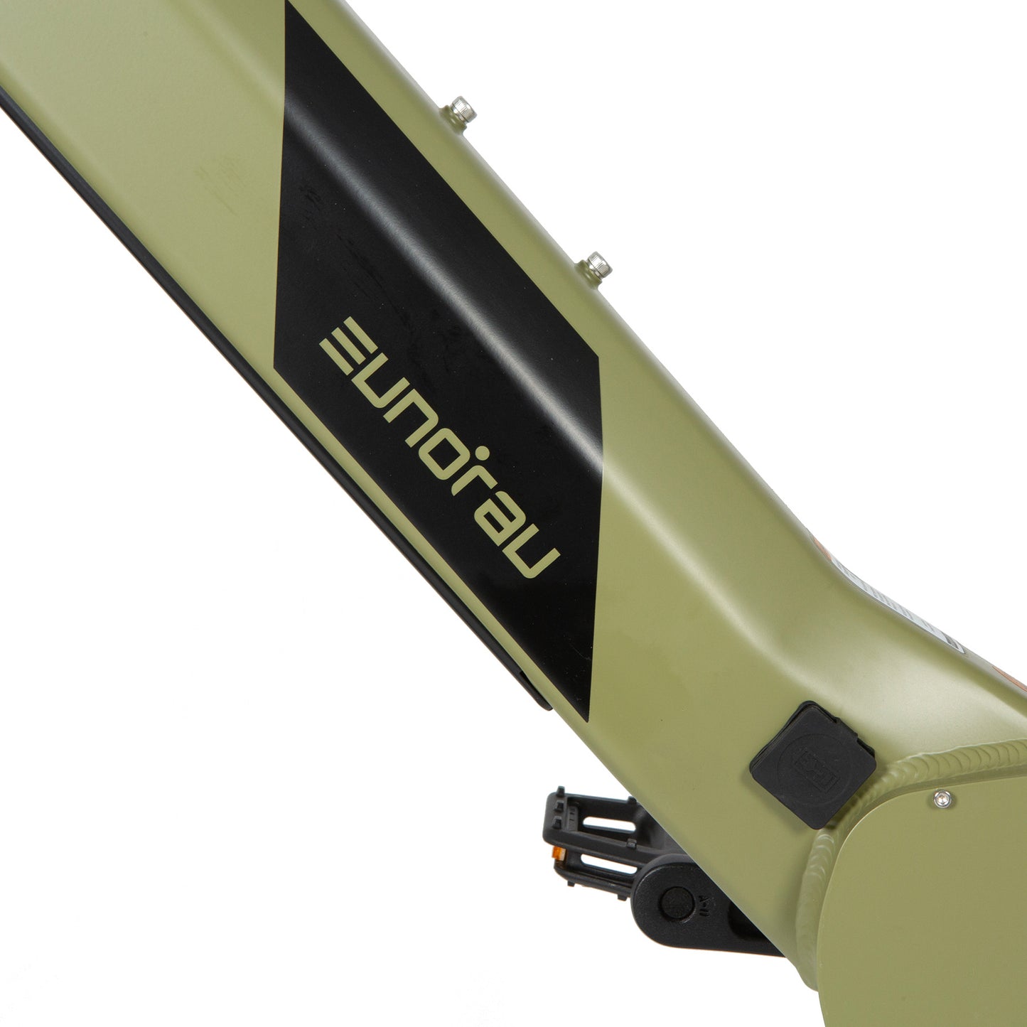 Eunorau Defender electric fat tire bike close-up of frame with Eunorau logo and battery compartment.
