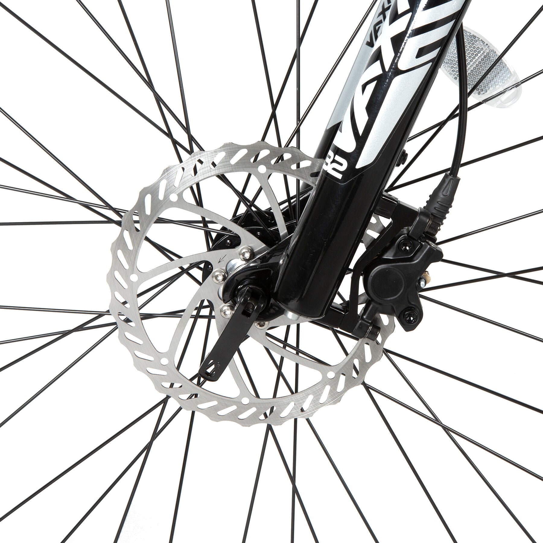 Eunorau Defender electric fat tire bike front wheel with disc brake and spokes.