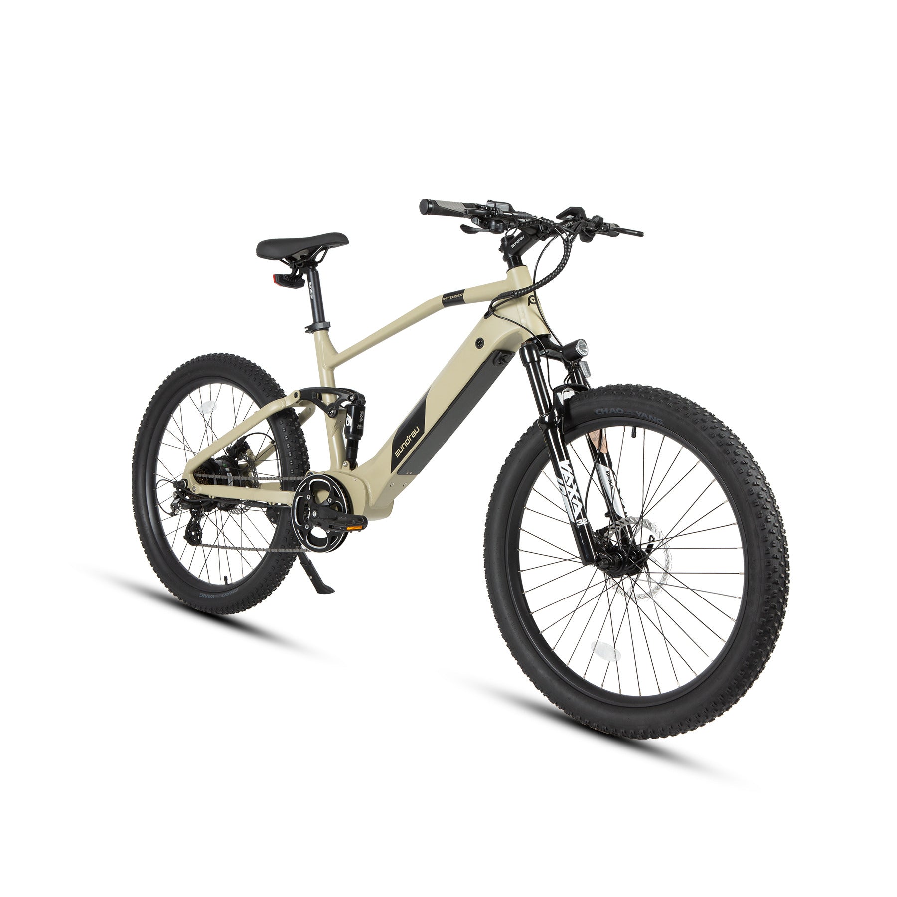 Eunorau Defender electric fat tire bike full side view in safari color with fat tires and front suspension.
