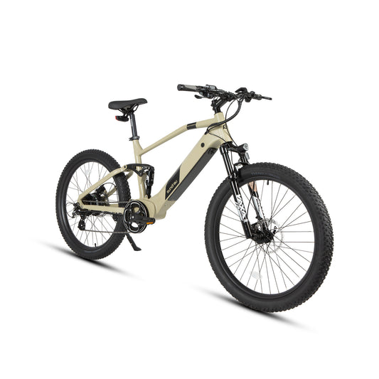 Eunorau Defender electric fat tire bike full side view in safari color with fat tires and front suspension.
