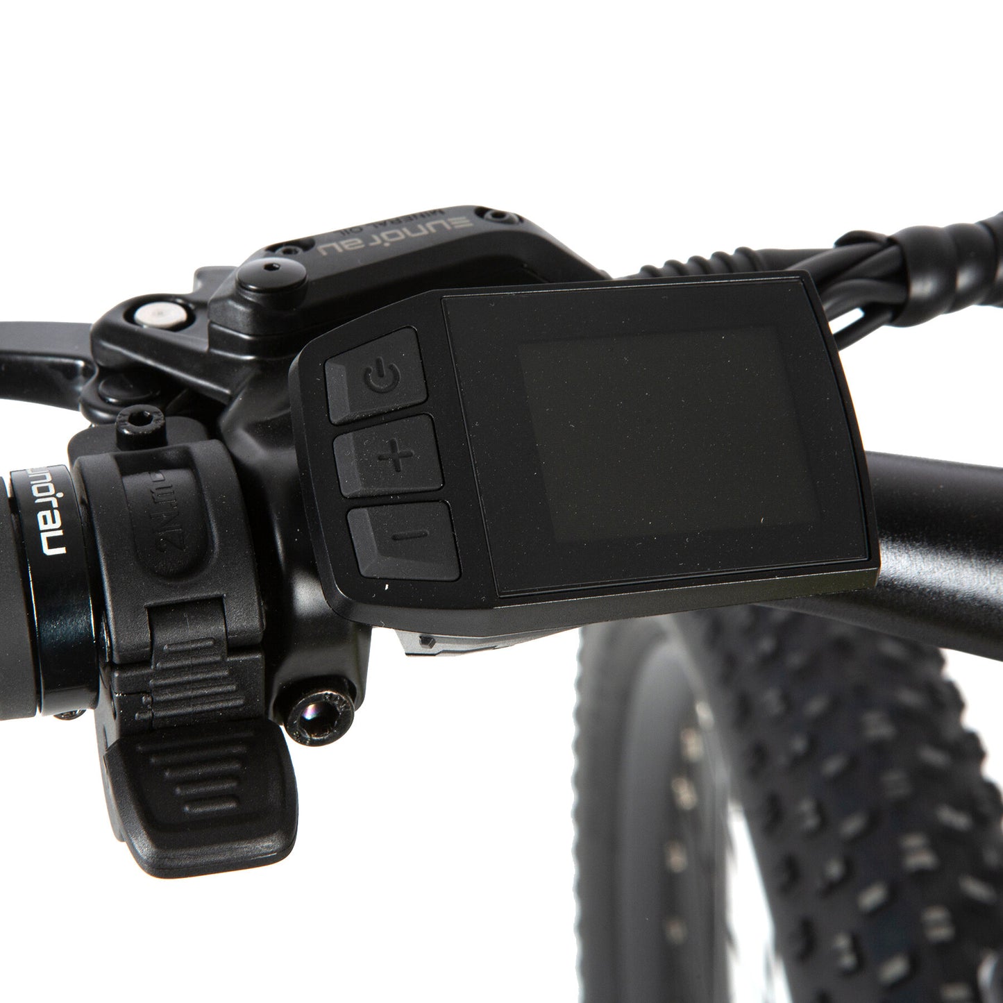 Eunorau Defender electric fat tire bike handlebar close-up with control panel and throttle.
