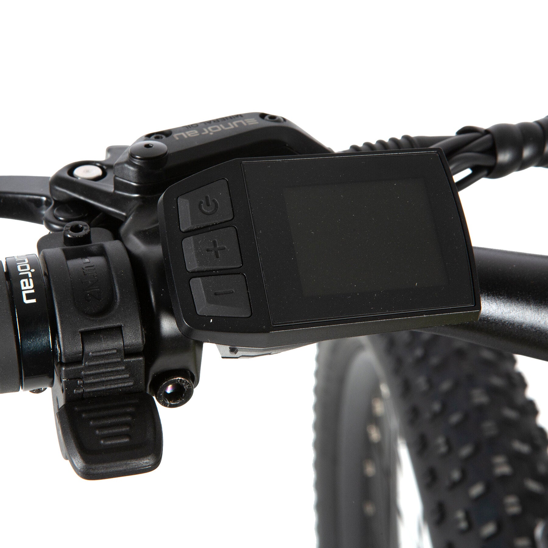 Eunorau Defender electric fat tire bike handlebar close-up with control panel and throttle.
