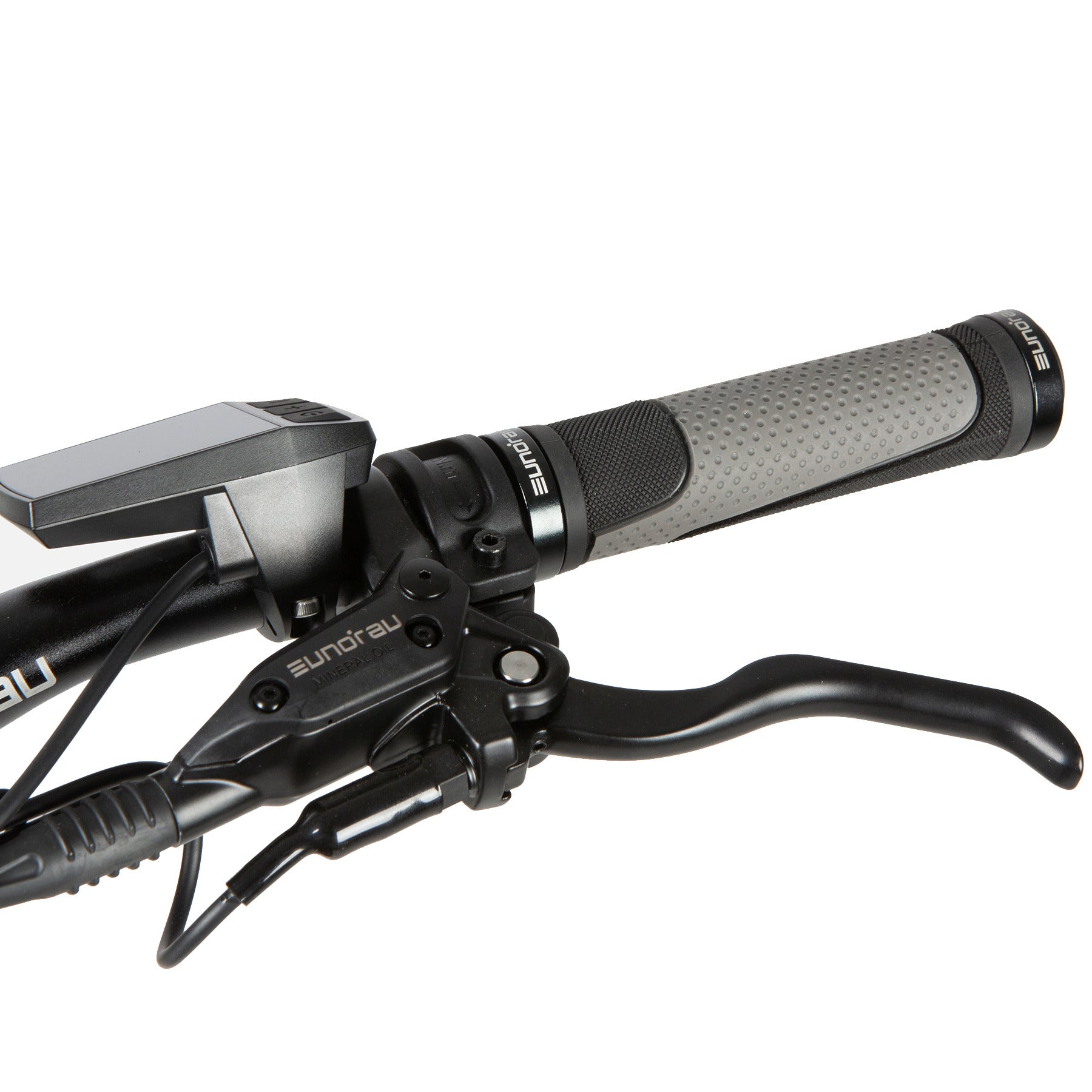 Eunorau Defender electric fat tire bike handlebar with display, grip, and brake lever.
