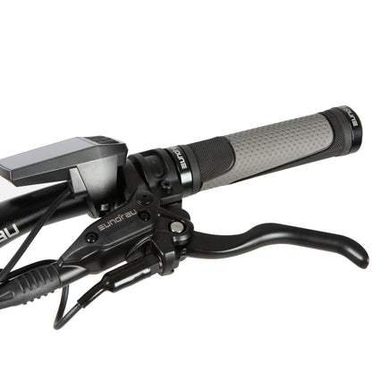 Eunorau Defender electric fat tire bike handlebar with display, grip, and brake lever.
