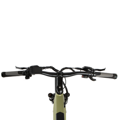 Eunorau Defender electric fat tire bike front view of handlebars with display, grips, and brake levers.
