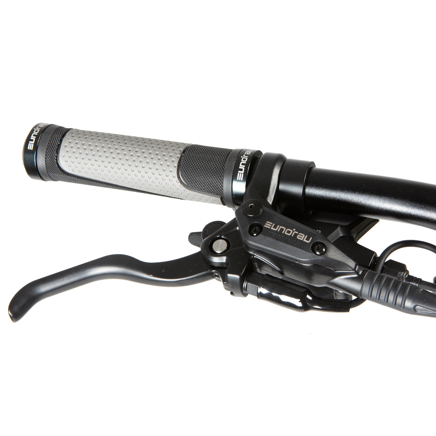 Eunorau Defender electric fat tire bike close-up of handlebar grips and brake levers.
