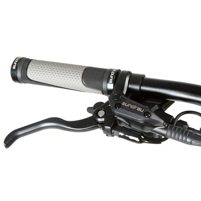 Eunorau Defender electric fat tire bike close-up of handlebar grips and brake levers.
