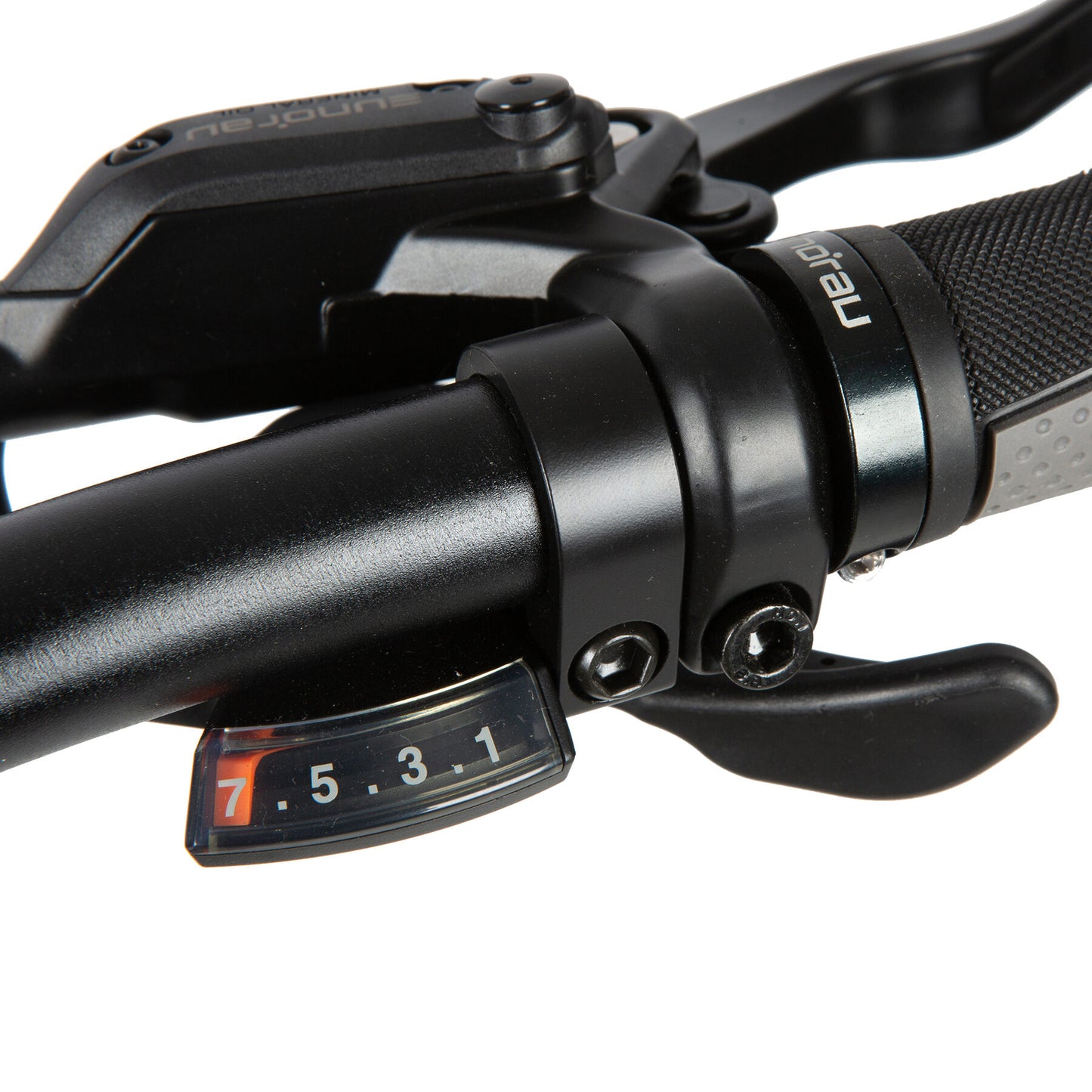 Eunorau Defender electric fat tire bike handlebar with gear shifter and brake levers.
