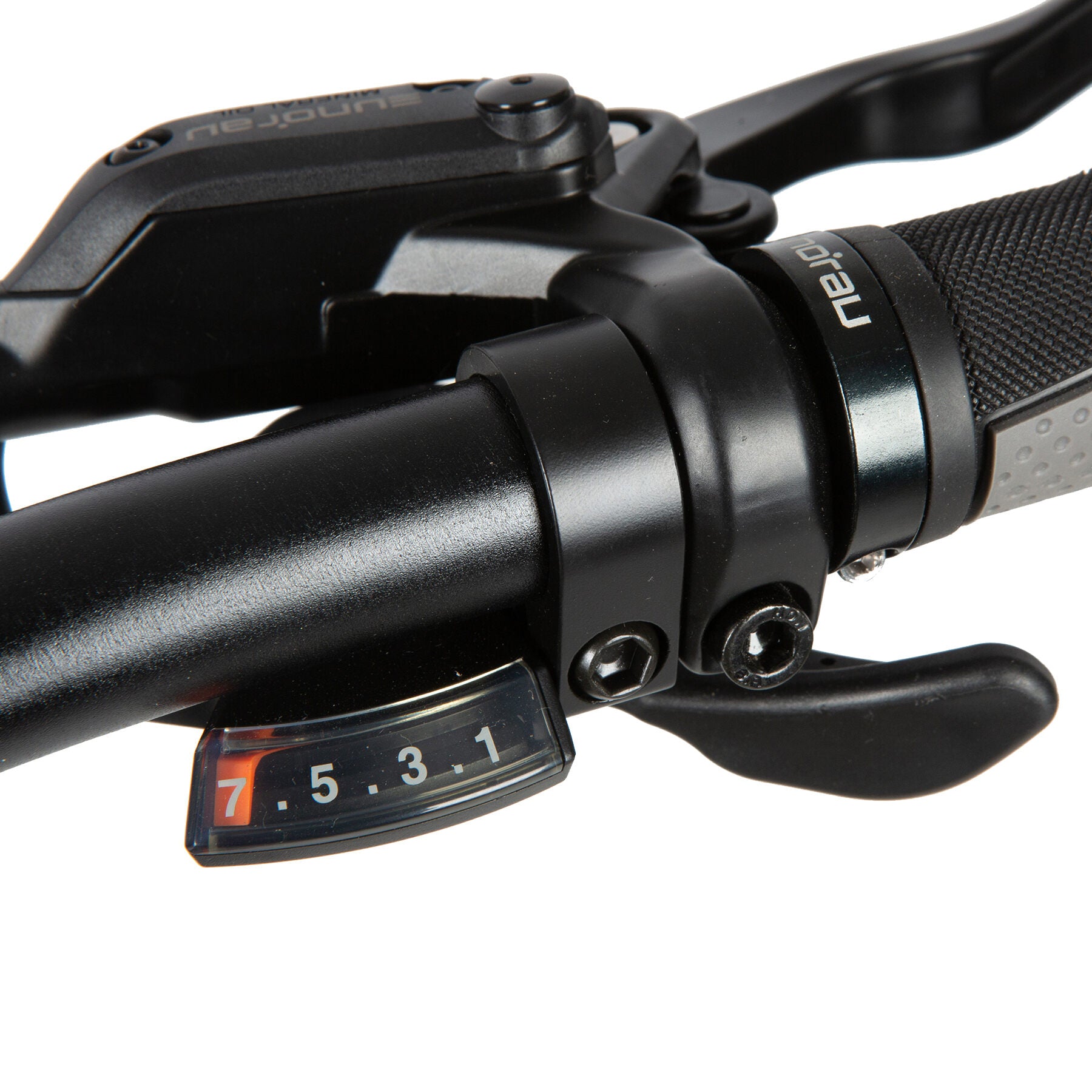 Eunorau Defender electric fat tire bike handlebar with gear shifter and brake levers.
