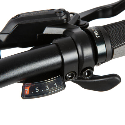 Eunorau Defender electric fat tire bike handlebar with gear shifter and brake levers.
