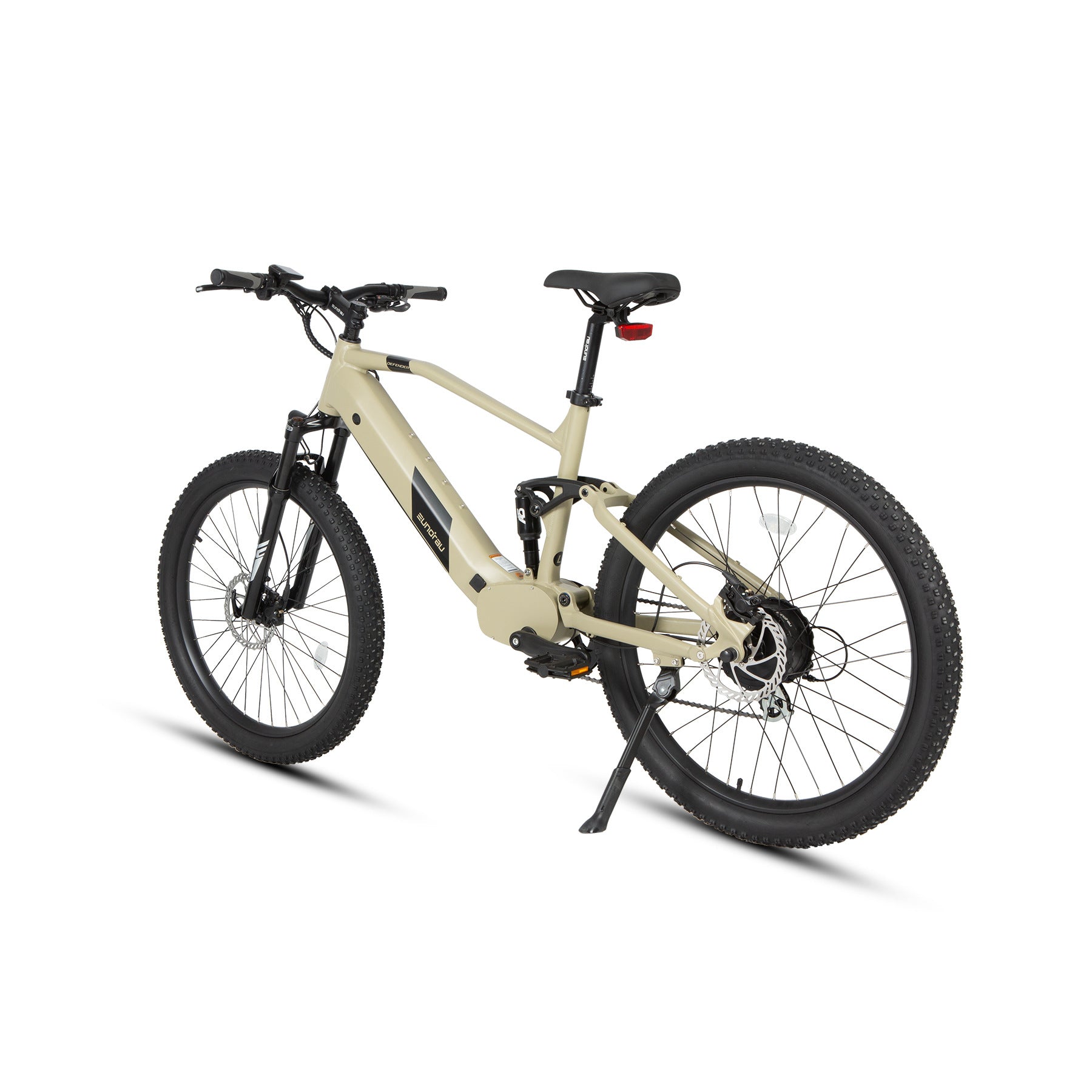 Eunorau Defender electric fat tire bike rear angle view in cream color with kickstand and disc brake.

