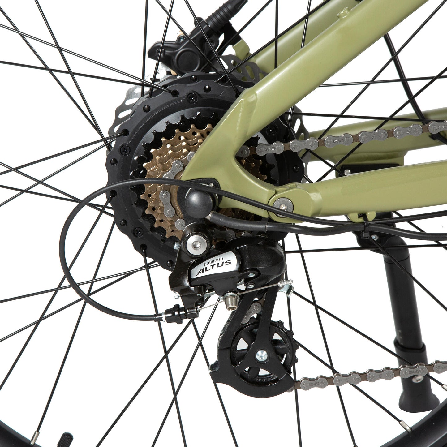 Eunorau Defender electric fat tire bike rear wheel with Shimano Altus cassette and derailleur.
